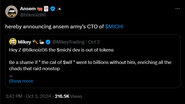Ansem Takes Helm of $MICHI: A New Era for Solana Memecoins