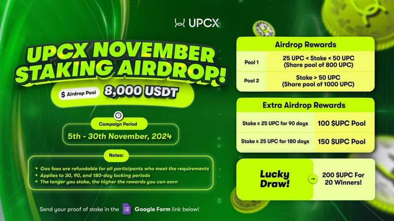 UPCX Launches November Staking Event with 8,000 USDT Prize Pool